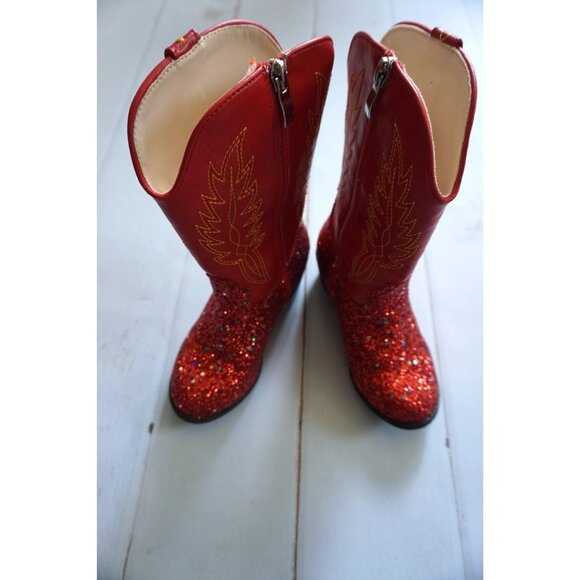 Cowboy Boots Red Glitter w/ Embroidered Design Western Style - Size 12 - Picture 9 of 13